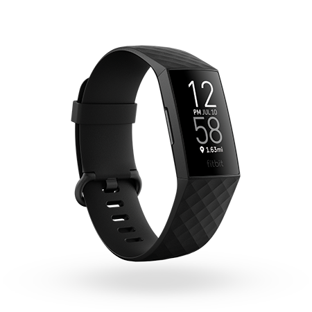 Fitbit Charge 4 with the time, date, and distance traveled on the screen